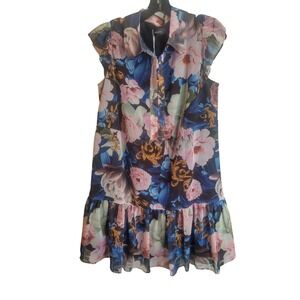 Zesica Womens Floral Tiered Mini Dress Flutter Sleeve Button Front Pink Blue L